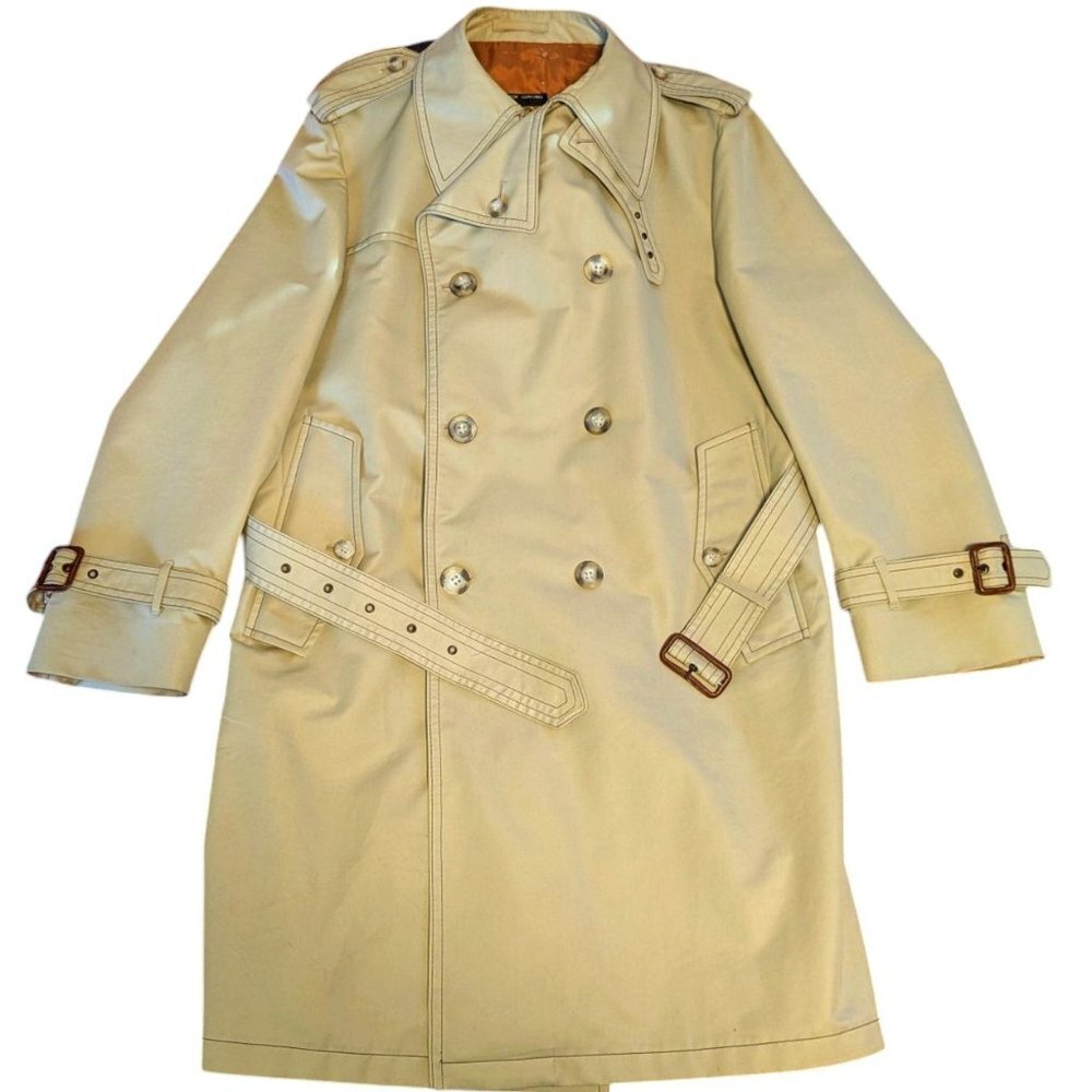 Vintage Cortefiel Trench Coat Lapel Belt Double‎ Breasted Leather Coated Buckles